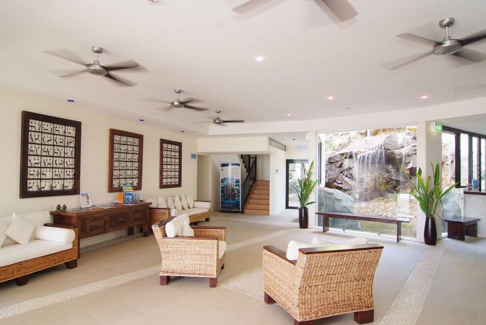 Lobby features waterfall