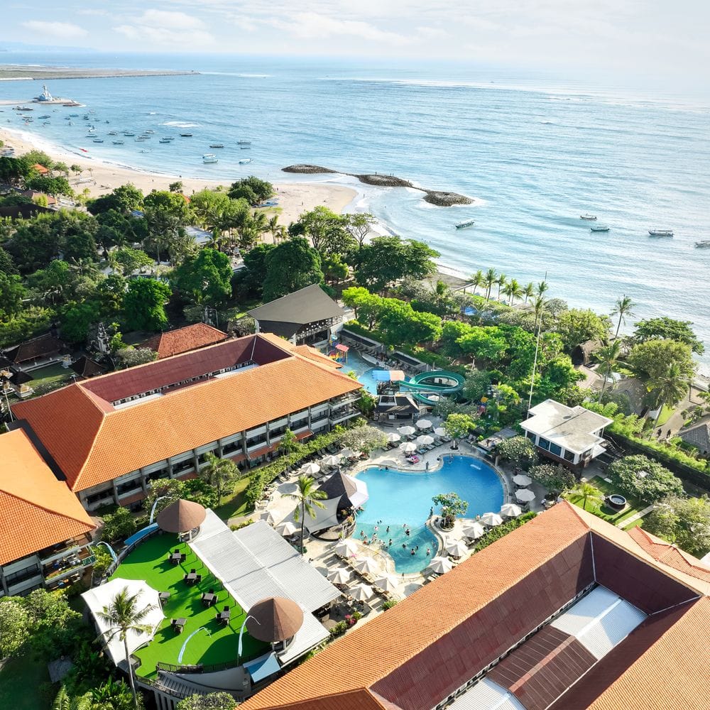 Bali Dynasty Resort - Resort aerial and South Kuta beach