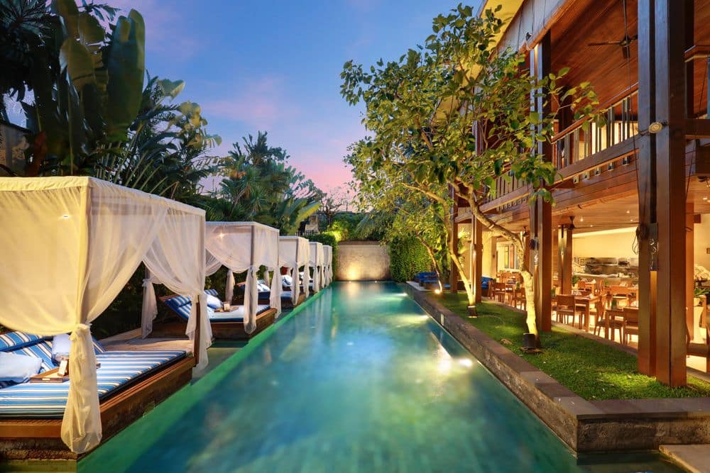 Rush Bamboo and Main pool by night